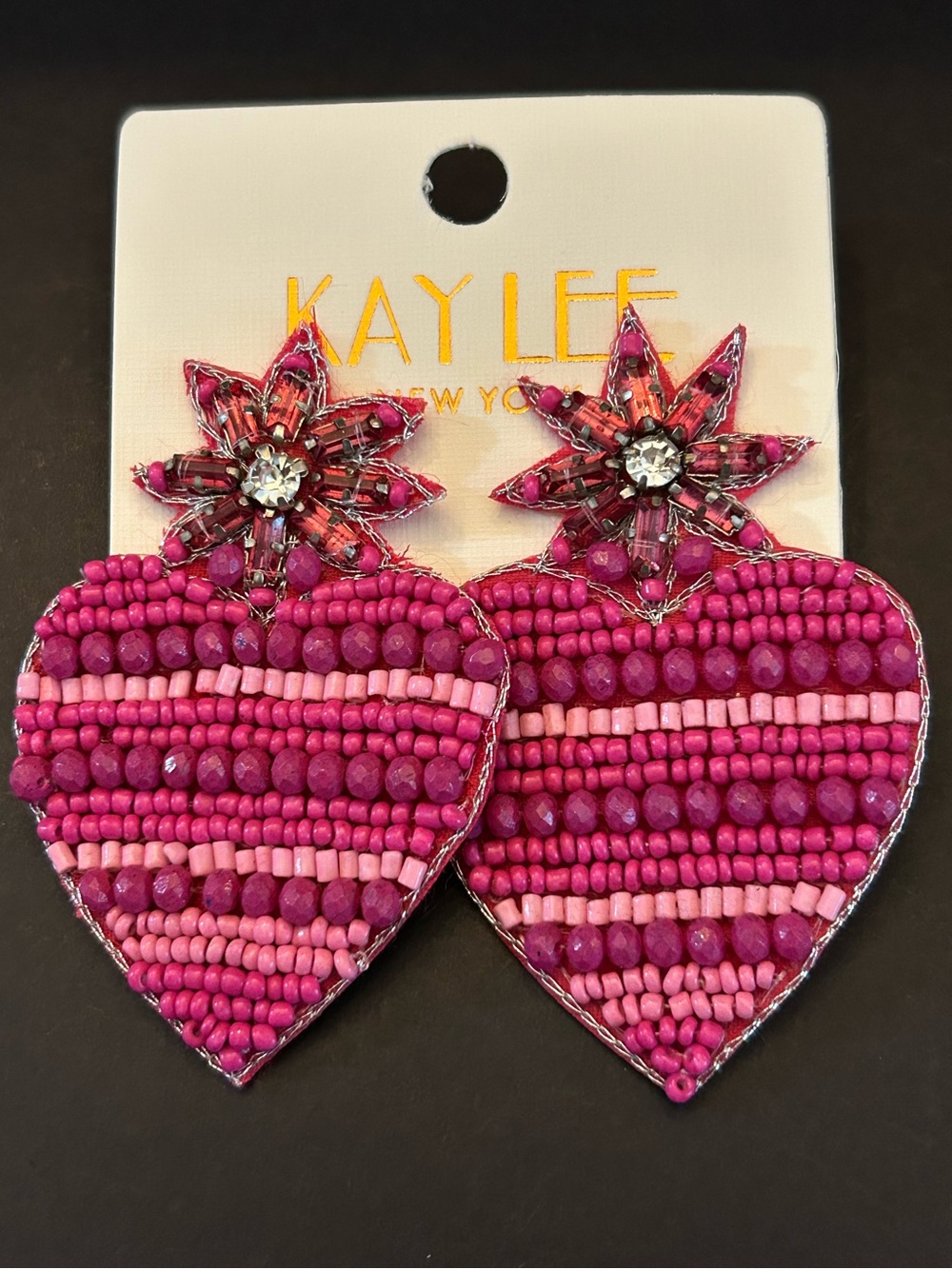 Kay Lee Pink Handcrafted Beaded Boho Heart 🩷 Design Statement Drop Earrings